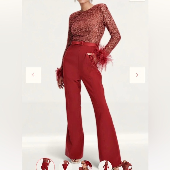 Lavish Alice - Burgundy Beaded Sequin feather trim long sleeve holiday Jumpsuit - Picture 2 of 8